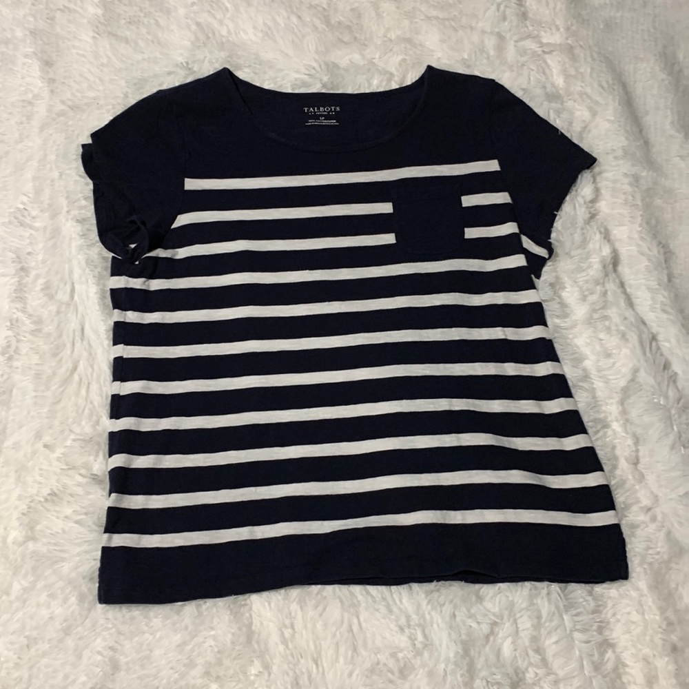 Talbots Short Sleeve Top, Size LP, Navy/White Stripe